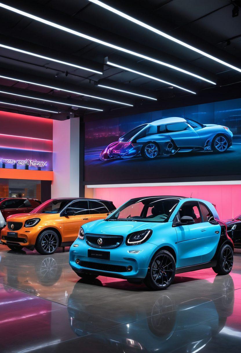 A sleek car dealership showroom filled with various smart cars, with an enthusiastic shopper inspecting a luxury vehicle while a friendly salesperson assists. Bright neon lights reflecting off polished surfaces, emphasizing the passion for cars. Background showcasing a vibrant cityscape through glass walls, inviting the feeling of excitement and discovery. super-realistic. vibrant colors. modern and dynamic atmosphere.
