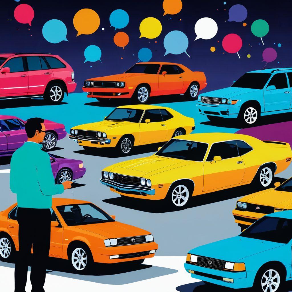 A dynamic collage showcasing a diverse range of vehicles, including sedans, SUVs, and electric cars, with a person enthusiastically reviewing a car magazine. In the background, include a colorful comparison chart highlighting vehicle features and stats. Add thought bubbles depicting auto reviews and buying tips. The setting should feel modern and engaging, representing a digital age of car buying. vibrant colors. vector art.